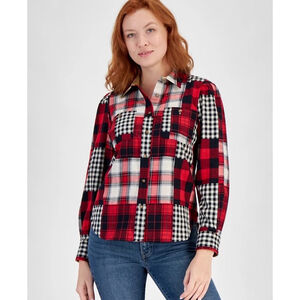 Nautica Women's Patchwork Plaid Shirt NWT Shirt Button up Size XS Cotton